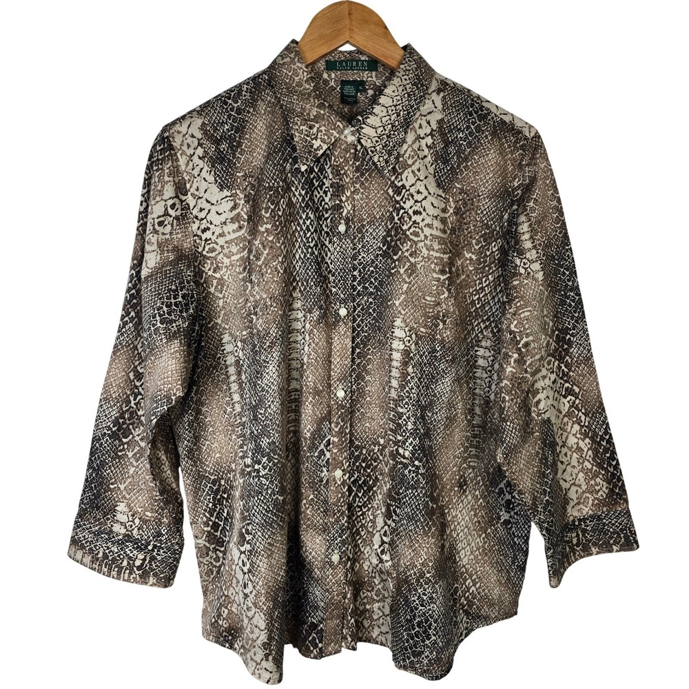 Lauren Ralph Lauren Brown Black Cream Snake Print Button-Down Shirt